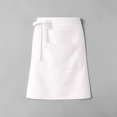 Stockka white polyester-cotton blend waist apron with a large front pocket and long tie straps for cafes and restaurants.
