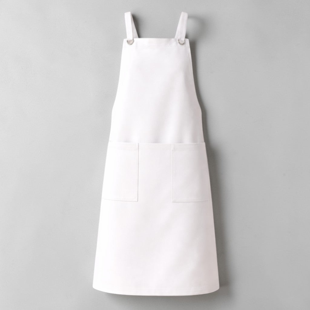 Stockka white cotton-polyester blend work apron with two large front pockets and metal ring shoulder straps.