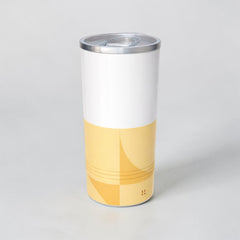 Stockka white and yellow stainless steel thermal tumbler with clear lid, double-walled for hot or cold drinks.