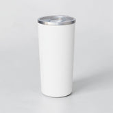Stockka white and yellow double-walled stainless steel travel mug with clear lid, 16oz capacity.