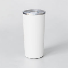 Stockka white and yellow double-walled stainless steel travel mug with clear lid, 16oz capacity.