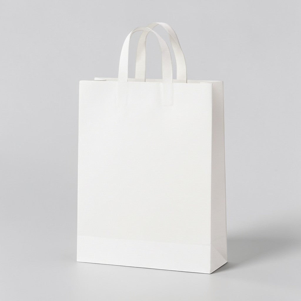 Stockka yellow recycled kraft paper shopping bag with diagonal graphic and flat handles.