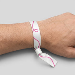 Stockker white polyester wristband with pink ribbon design and plastic closure, ideal for events and festivals.