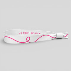 Stockk custom white polyester wristband with pink wavy line and "LOREM IPSUM" text, plastic clasp closure.