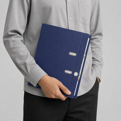 Stockk dark blue hard cover portfolio binder with two metal rings, made of corrugated cardboard.