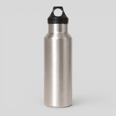 Stockk silver aluminum sports water bottle with black screw-top lid and carrying loop. Ideal for sports and travel.