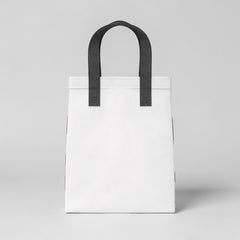Stockk small white non-woven polypropylene tote bag with black handles, ideal for daily use and boutique packaging.