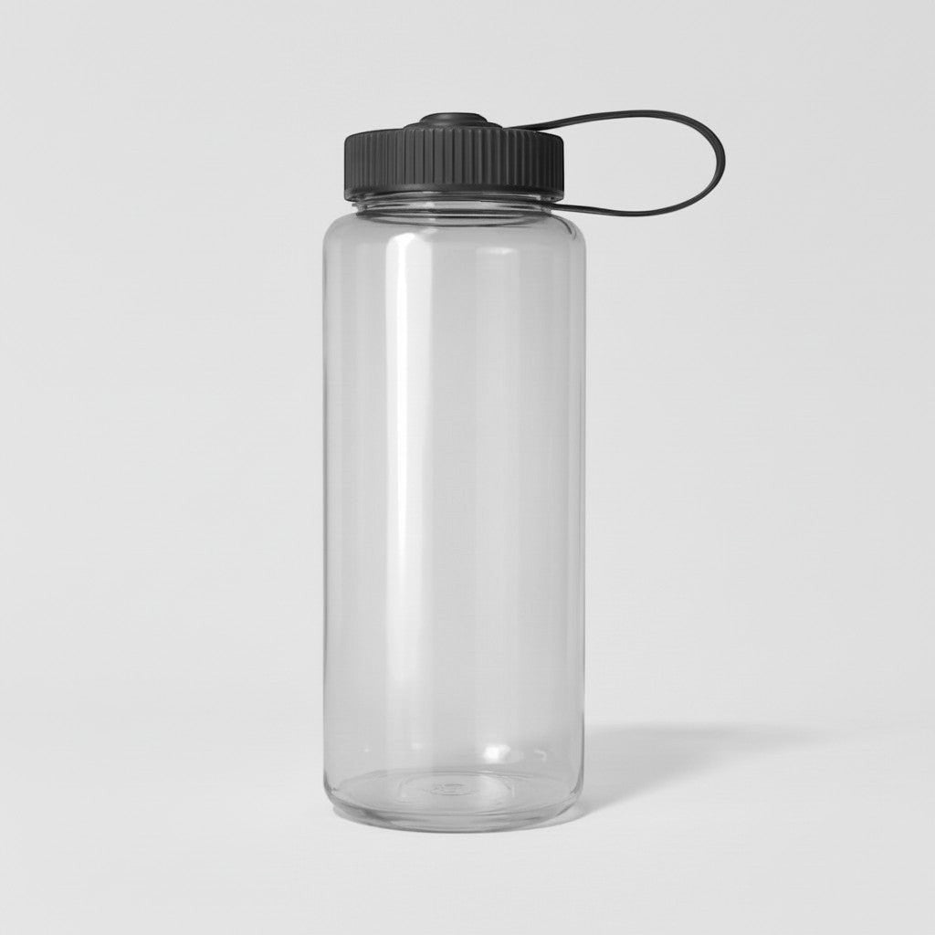 Stockk transparent Tritan water bottle with black screw-on lid and carrying strap. Ideal for sports and travel.
