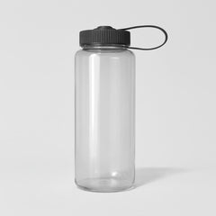 Stockk transparent Tritan water bottle with black screw-on lid and carrying strap. Ideal for sports and travel.