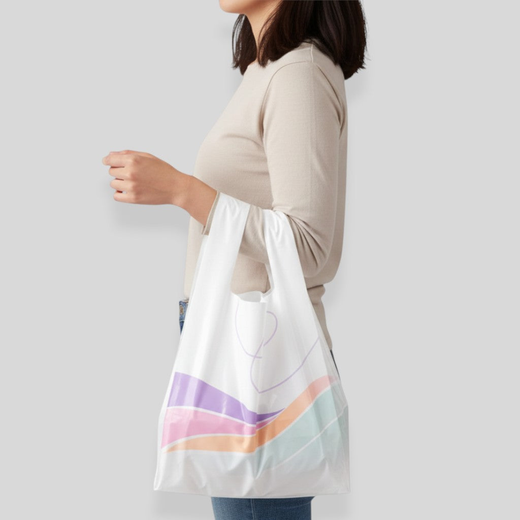 Stockk white LDPE plastic t-shirt bag with pastel wave design and purple swirl graphic.