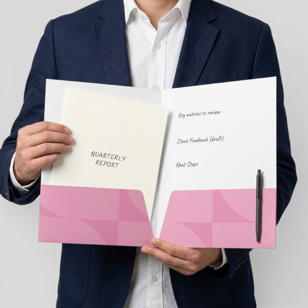 Stockka double A4 folder in pink and white with two internal pockets, held by a person in a navy suit.