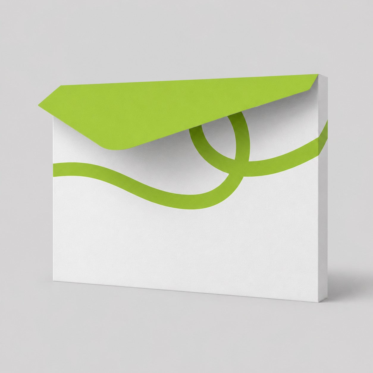 Stockka A4 horizontal envelope folder in white with a lime green triangular flap and green wavy line design. Made of corrugated cardboard.