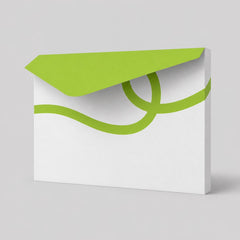 Stockka A4 horizontal envelope folder in white with a lime green triangular flap and green wavy line design. Made of corrugated cardboard.