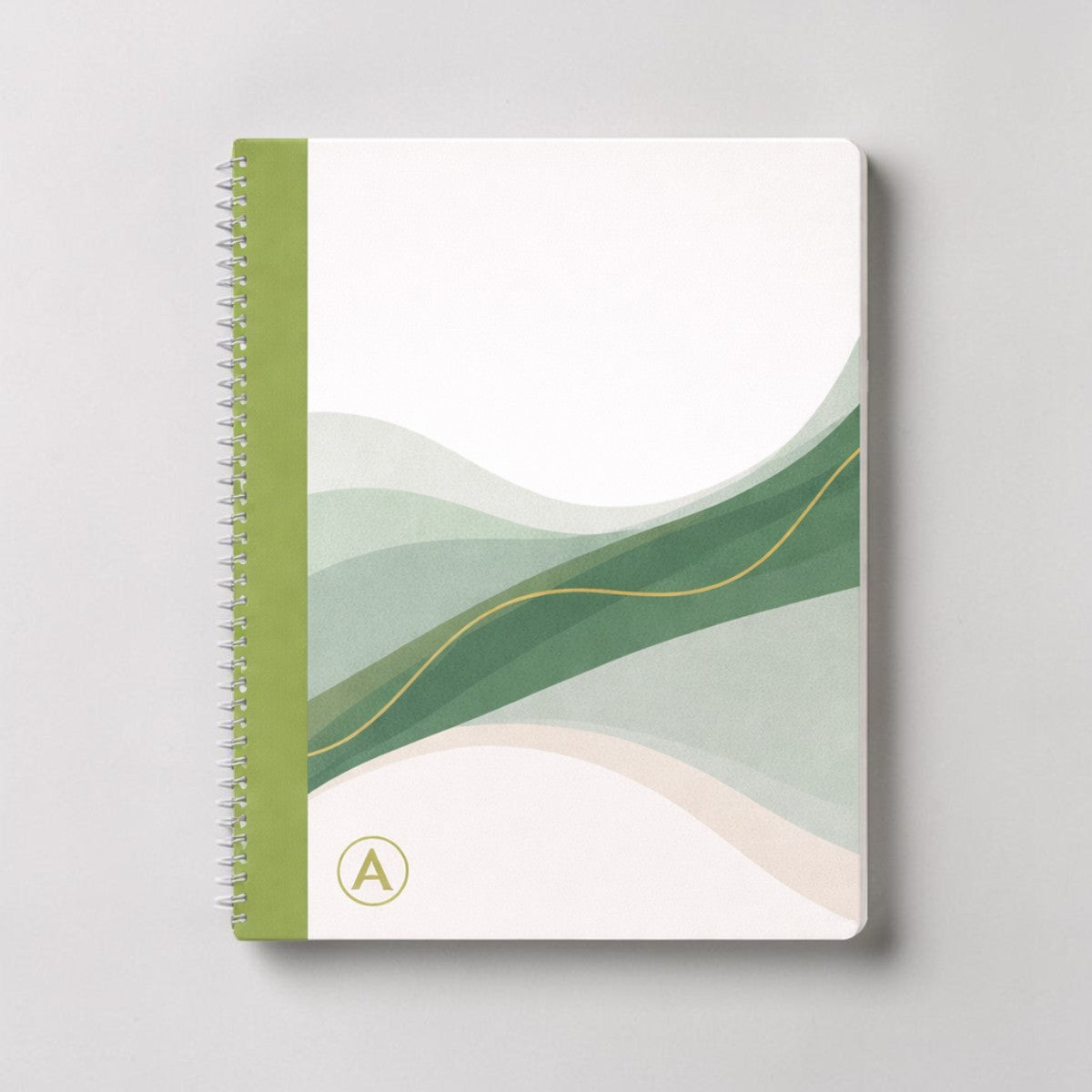 Stockka A4 softcover notebook with spiral binding and abstract green wave design. Features 80 lined pages.
