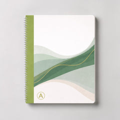 Stockka A4 softcover notebook with spiral binding and abstract green wave design. Features 80 lined pages.