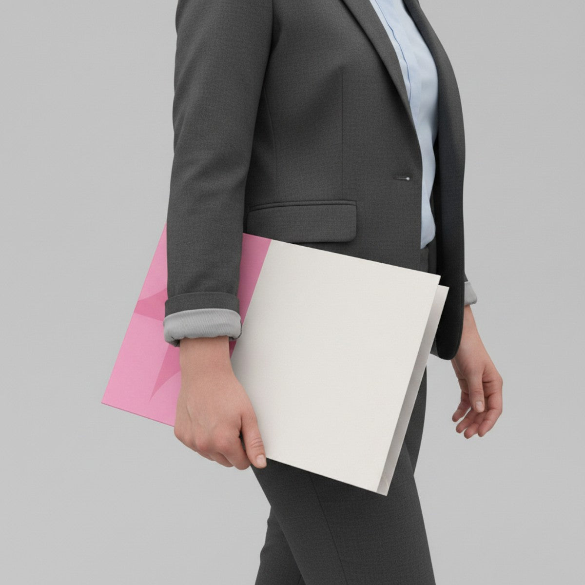 Stockka A4 project folder with two pockets, white and pink geometric design, made of cardboard.