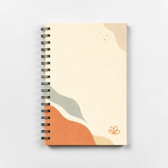 Stockka cream spiral notebook with abstract wavy design in rust, grey, and beige. 80 lined pages, hard cover.