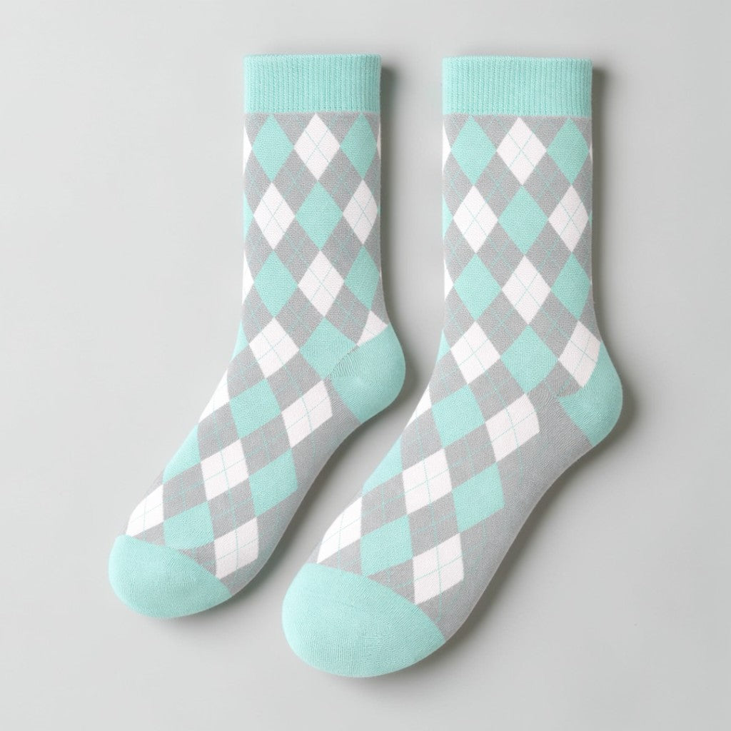 Stockka mid-calf socks with argyle pattern in grey, white, and mint green. Cotton blend.