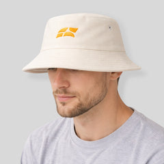 Stockka beige cotton blend bucket hat with orange embroidered logo, ideal for beach, golf, and fishing.