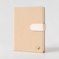 Stockka luxury beige faux leather notebook with white magnetic closure and 80 lined pages. Customizable design.