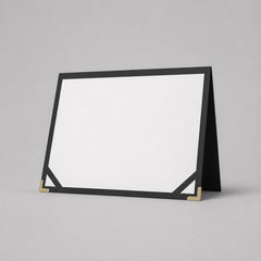 Stockka black standing certificate folder with gold corner protectors, made of rigid cardboard with lamination.