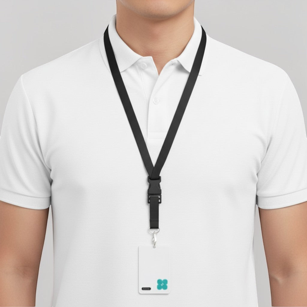 Stockka black polyester lanyard with adjustable buckle and clear PVC ID card holder, ideal for events and security staff.