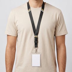 Stockka black polyester lanyard with V-design, quick-release buckle, and gold/white stripes. Includes clear ID card holder.