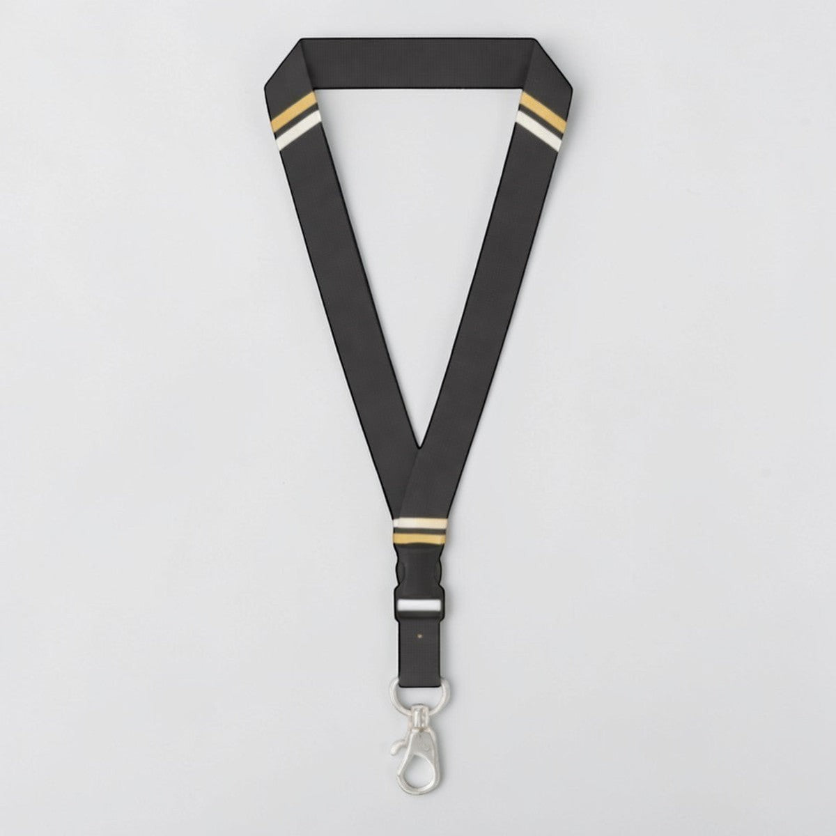 Stockka premium black polyester lanyard with gold and white stripes, detachable buckle, and metal clasp.