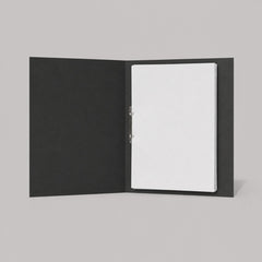 Stockka black portfolio binder with two pockets, made of laminated cardboard, holding white letter-size papers.