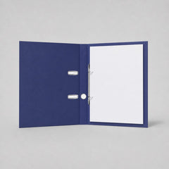 Stockka blue hard cover portfolio binder with two metal rings and document slots, made of cardboard.