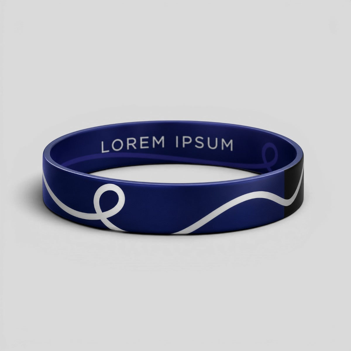 Stockka blue silicone wristband with white wave design and "LOREM IPSUM" text. Flexible and durable for daily wear.