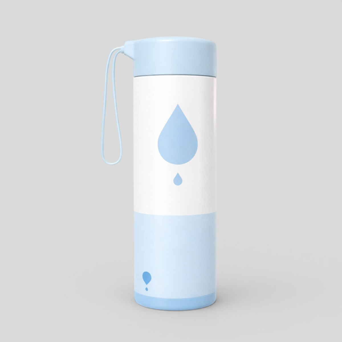 Stockka blue and white BPA-free plastic water bottle with carrying strap and water drop design.