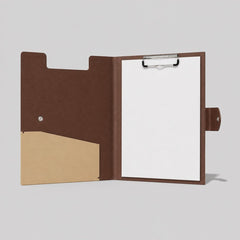 Stockka brown faux leather presentation folder with internal clipboard and document pocket. Ideal for meetings and professional use.
