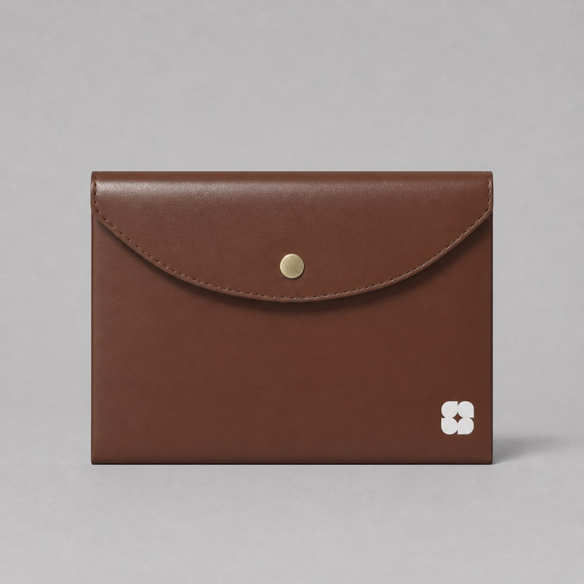 Stockka brown faux leather document folder with metal snap closure and white logo detail. Elegant for office or events.