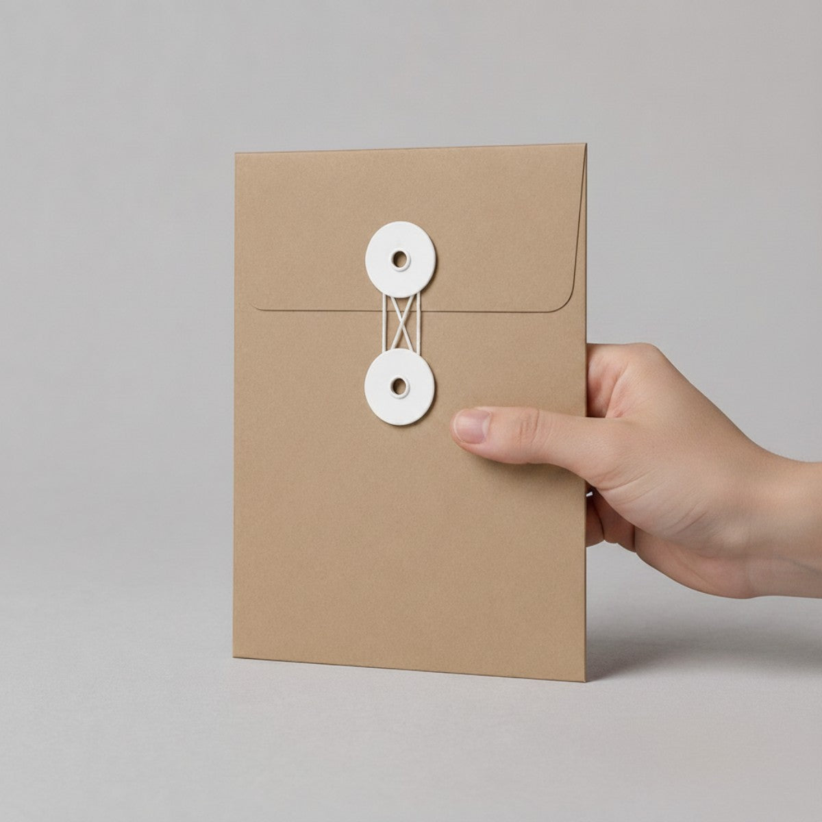 Stockka brown kraft paper envelope with white string and disc closure, ideal for documents and invitations.