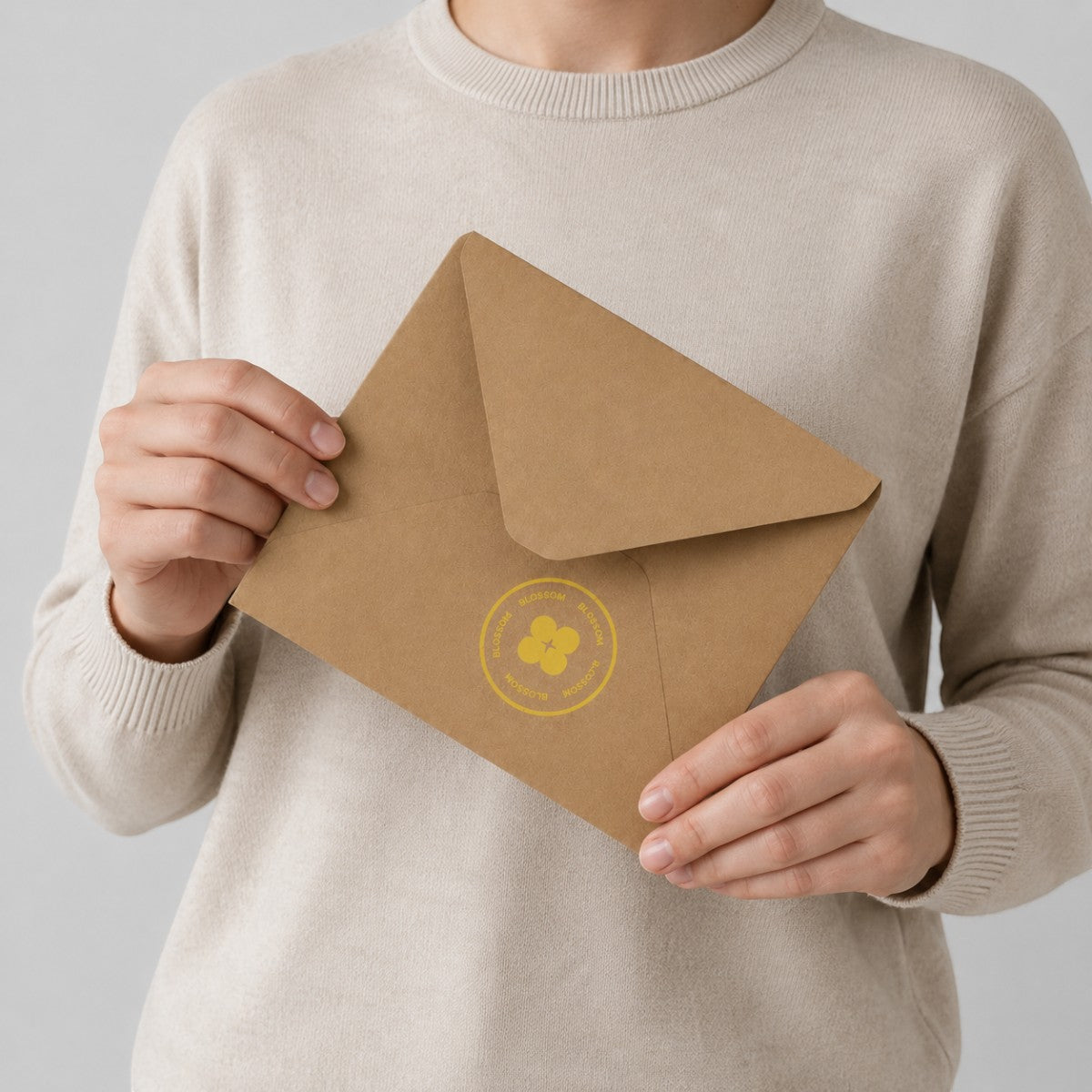 Person holding a Stockka brown kraft paper envelope with a classic triangular flap and a yellow circular stamp.