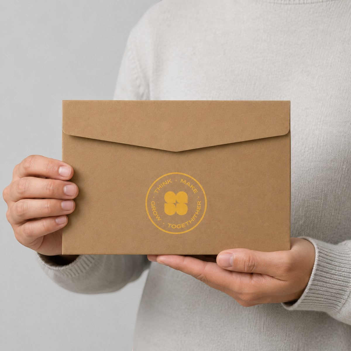 Stockka brown paper envelope with a straight back flap held by a person in a beige sweater for professional branding