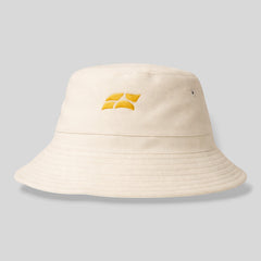 Stockka cream cotton blend bucket hat with yellow embroidered logo, ideal for beach, golf, and outdoor activities.