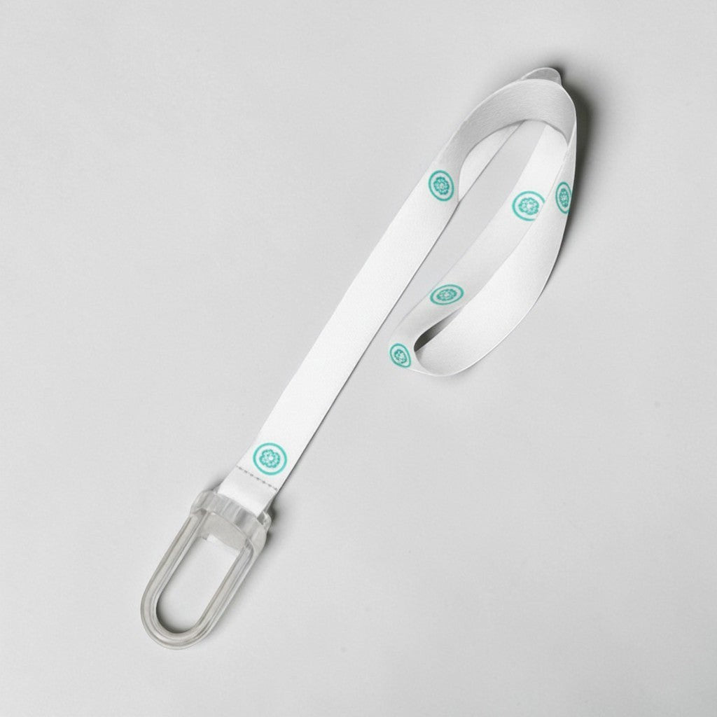 Stockka cream polyester lanyard with metal hook and turquoise logo, ideal for ID badges and keys.