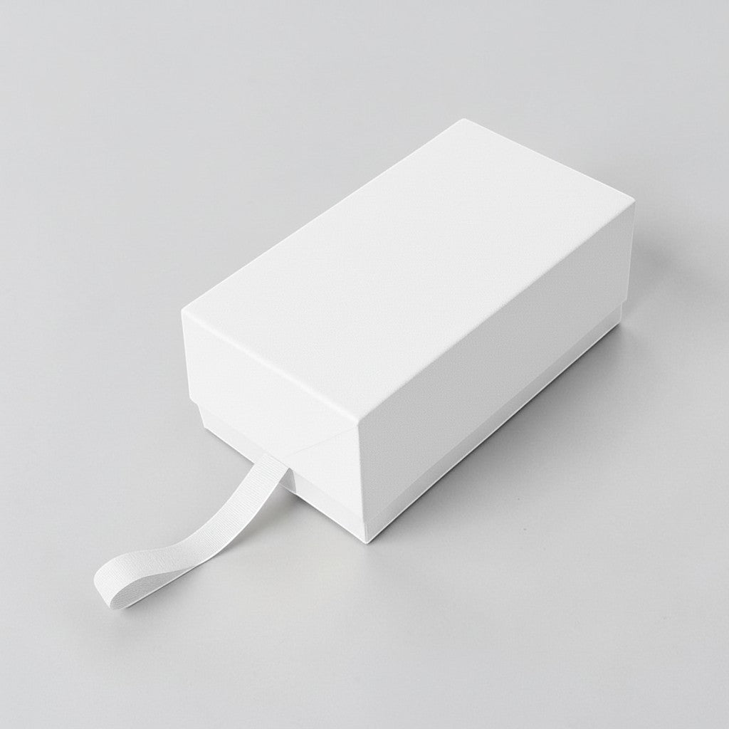 Stockka cream rectangular gift box with drawer-style opening and ribbon pull. Rigid cardboard with lamination.