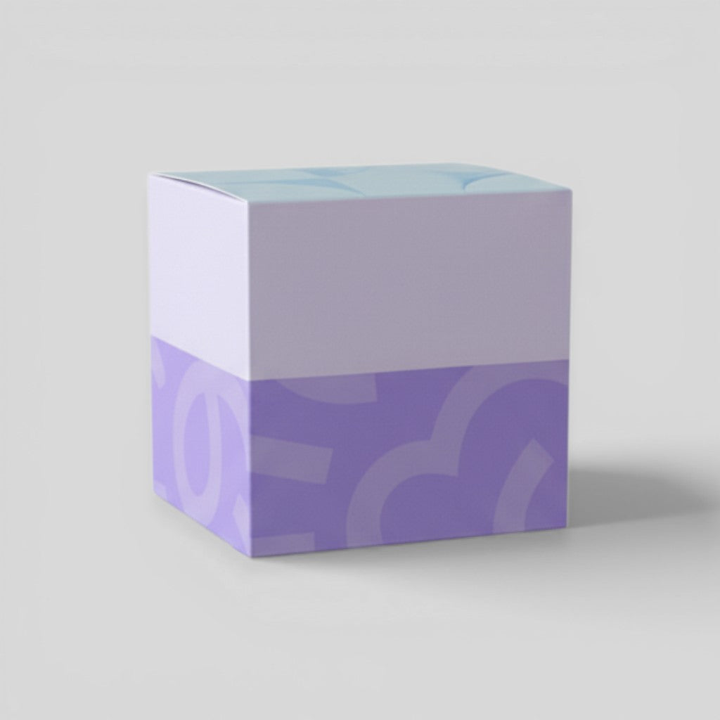 Stockka cube gift box with top closure, light purple and blue with abstract pattern, made of coated cardboard.