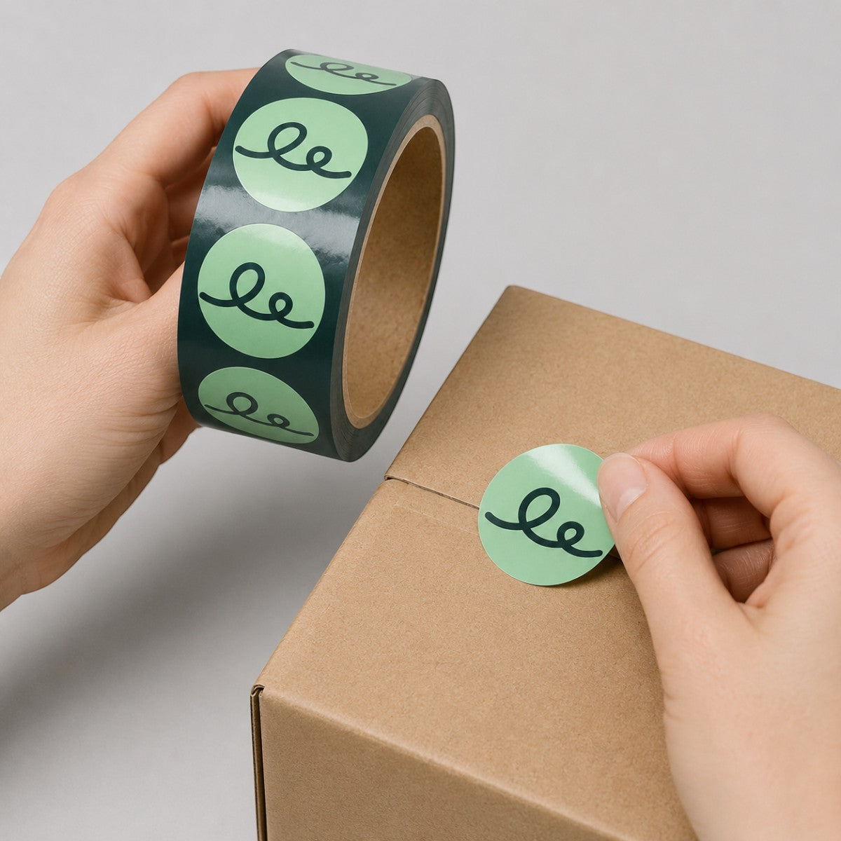 Stockka custom round stickers in mint green with a black swirl logo, perfect for branding products and packaging.