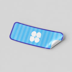 Stockka custom rectangular sticker with rounded corners, blue striped background and white logo.