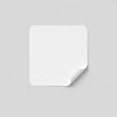 Stockka custom designed seal sticker, square with rounded corners and a peeled corner, on a light grey background.