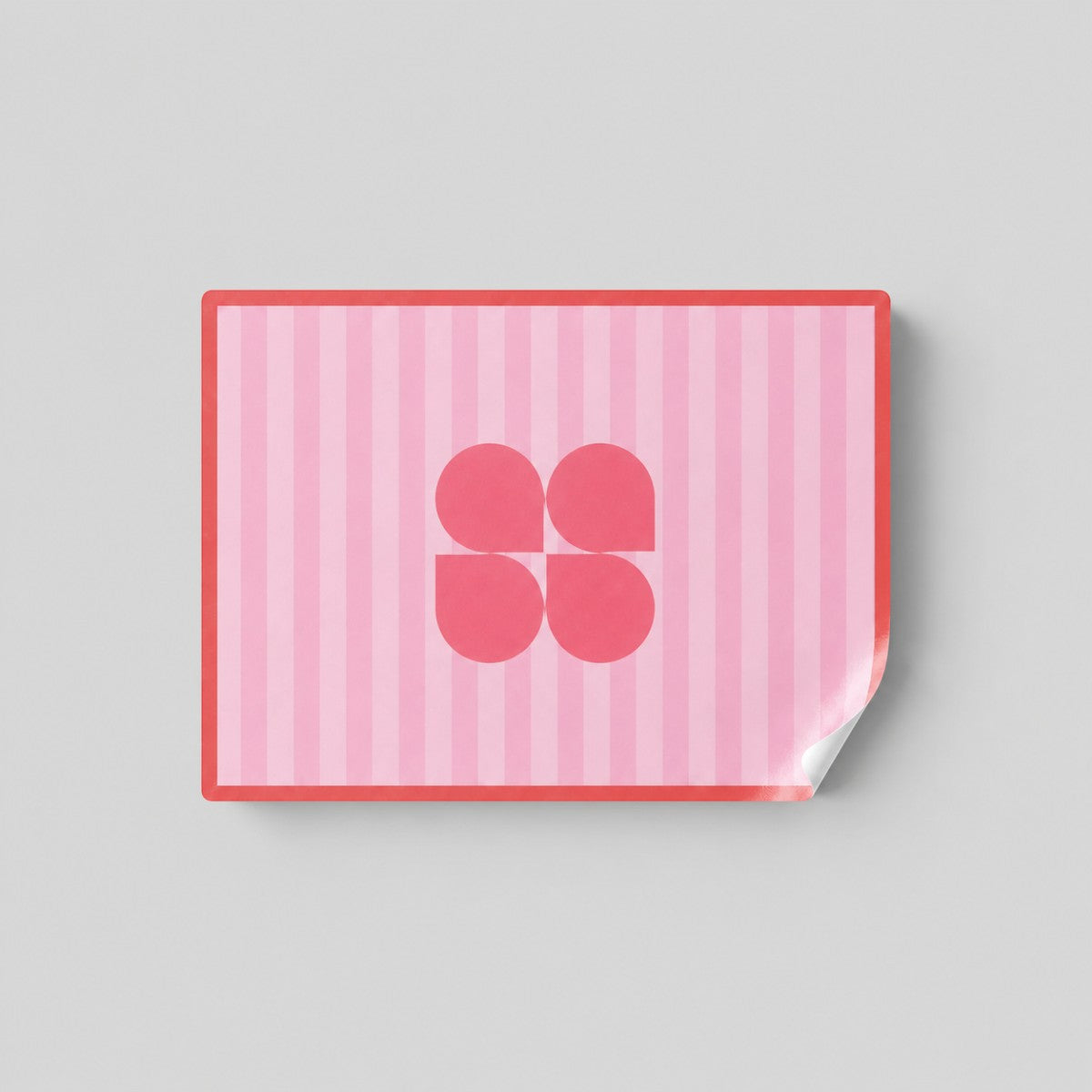 Stockka custom square sticker with pink stripes and a pink four-petal flower logo. Coated paper sticker.
