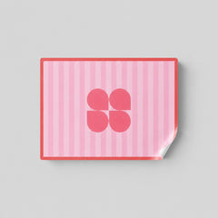 Stockka custom square sticker with pink stripes and a pink four-petal flower logo. Coated paper sticker.