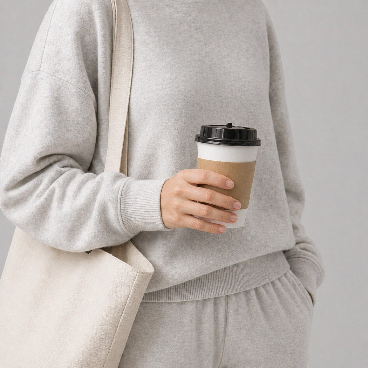 Stockka double-walled paper coffee cup with black lid and kraft paper sleeve, held by a person in loungewear.