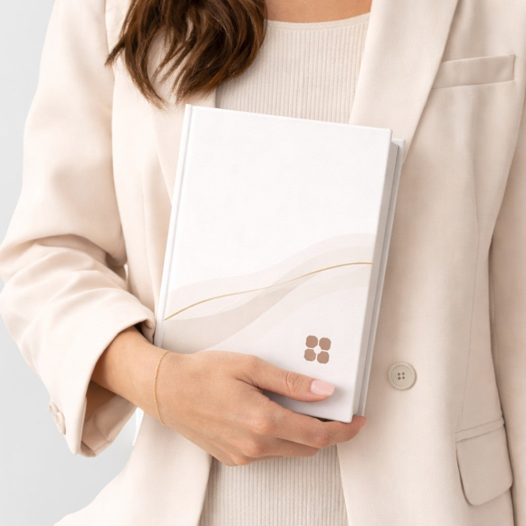 Stockka elegant white hard cover notebook with minimalist wavy design and 250 lined pages.