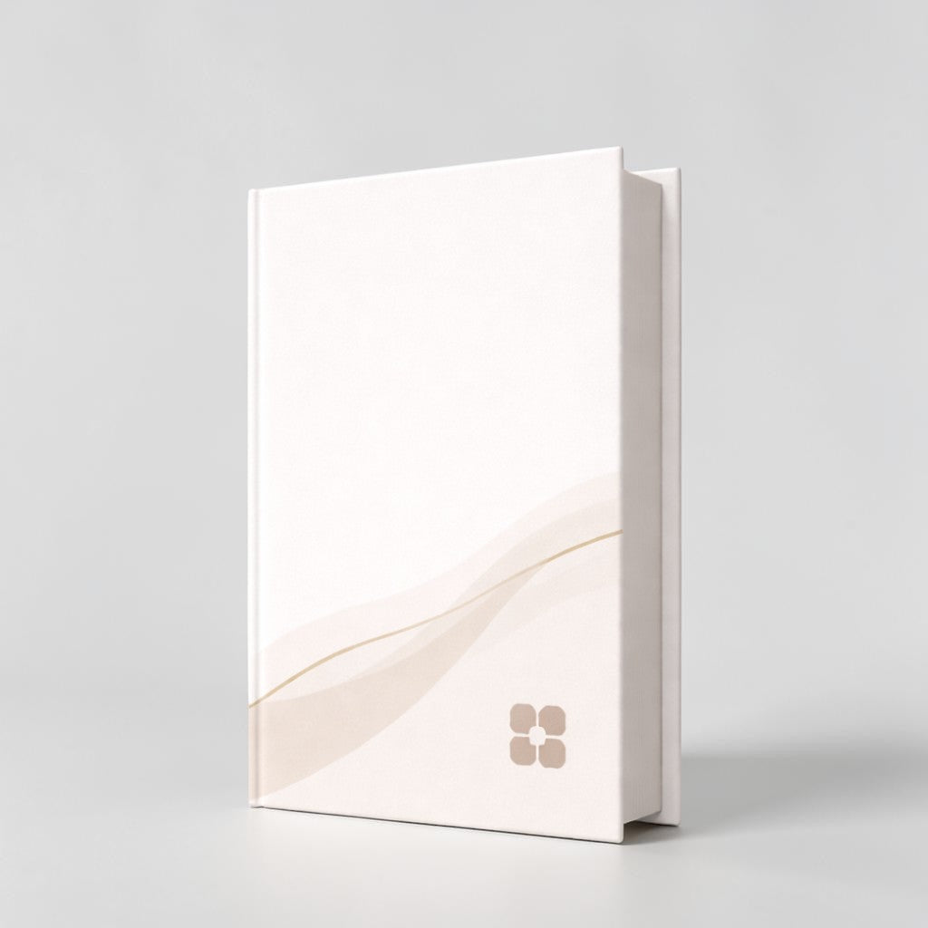 Stockka elegant white hard cover notebook with minimalist design, 250 lined pages, and subtle wave pattern.