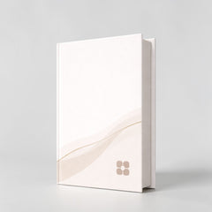 Stockka elegant white hard cover notebook with minimalist design, 250 lined pages, and subtle wave pattern.